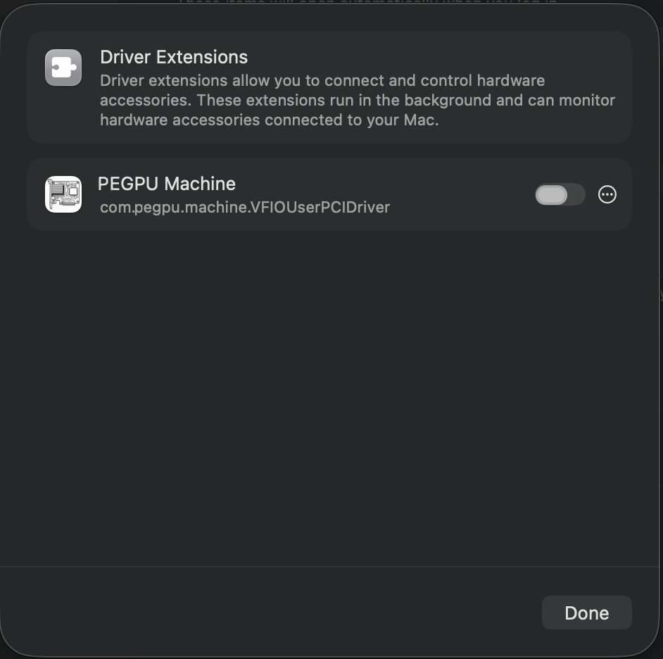 Driver Extensions settings showing the PEGPU Machine extension toggle off.