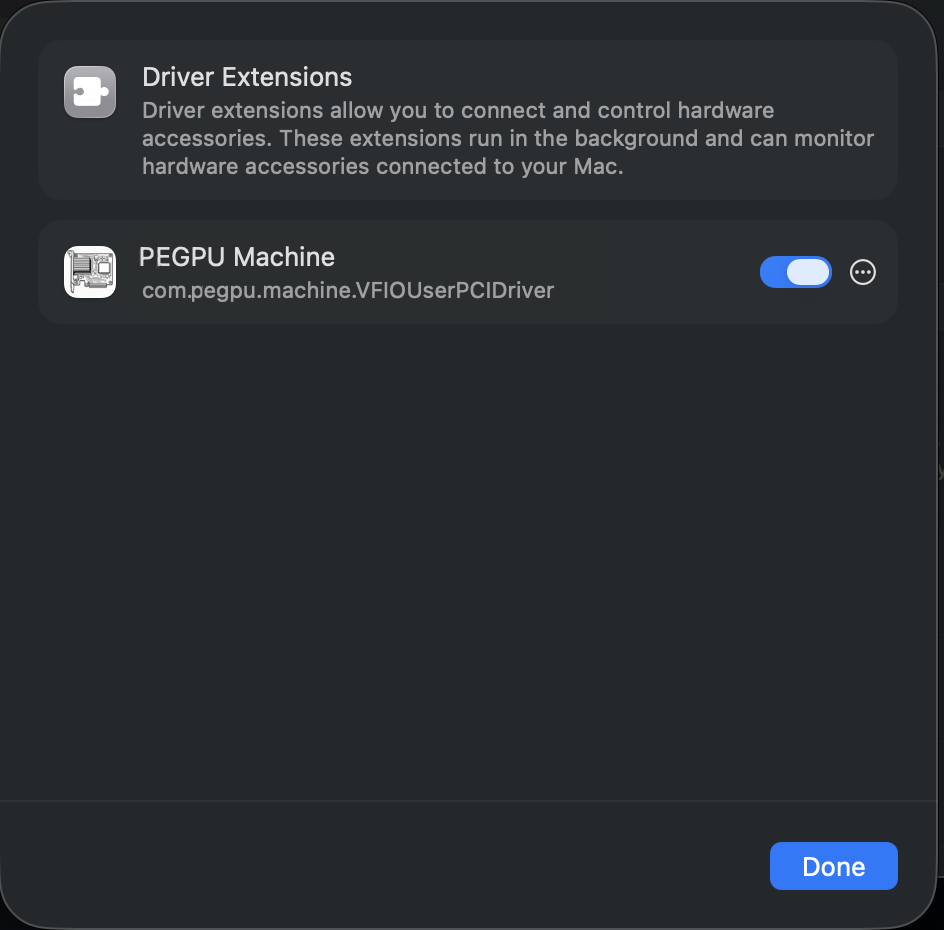Driver Extensions settings showing the PEGPU Machine extension enabled.