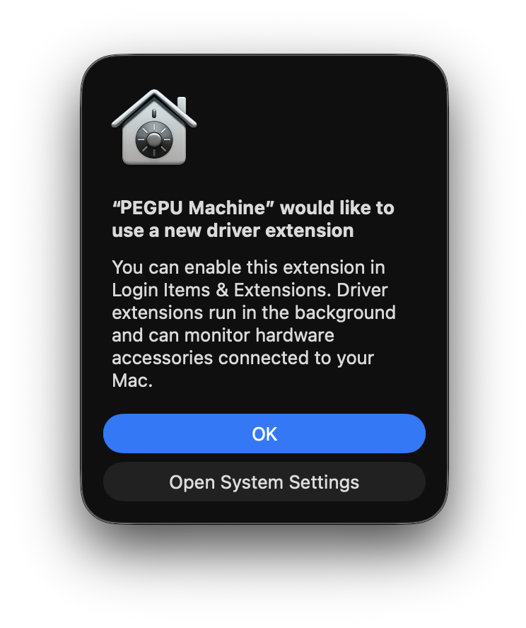 macOS driver extension alert with Open System Settings button below OK.