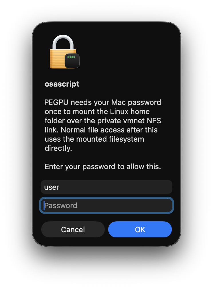 Password prompt for mounting the Linux home folder over the private vmnet NFS link.
