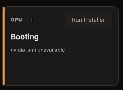 PEGPU GPU card showing Booting status and the Run Installer button.