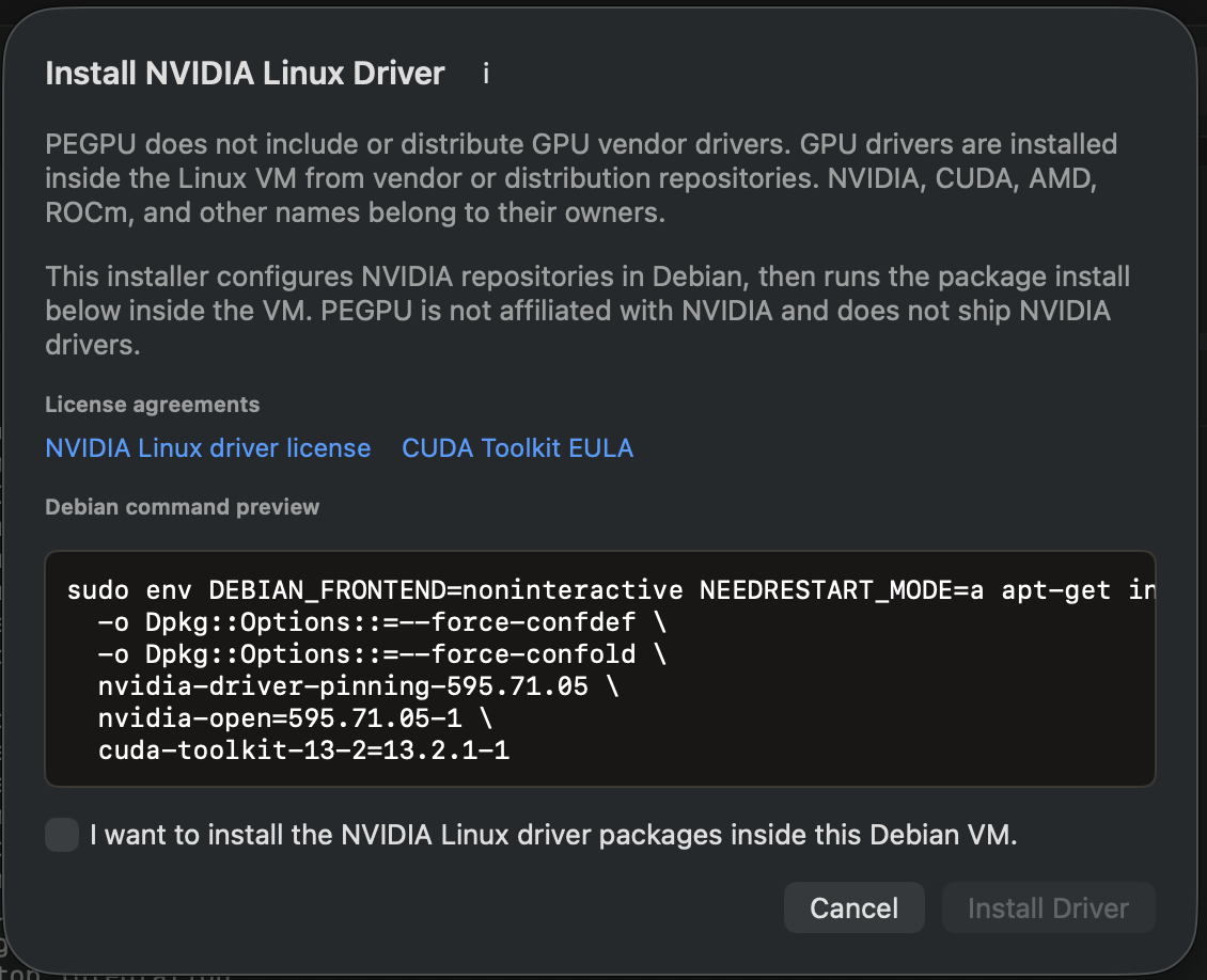 PEGPU Install NVIDIA Linux Driver confirmation sheet with Debian command preview and Install Driver button.