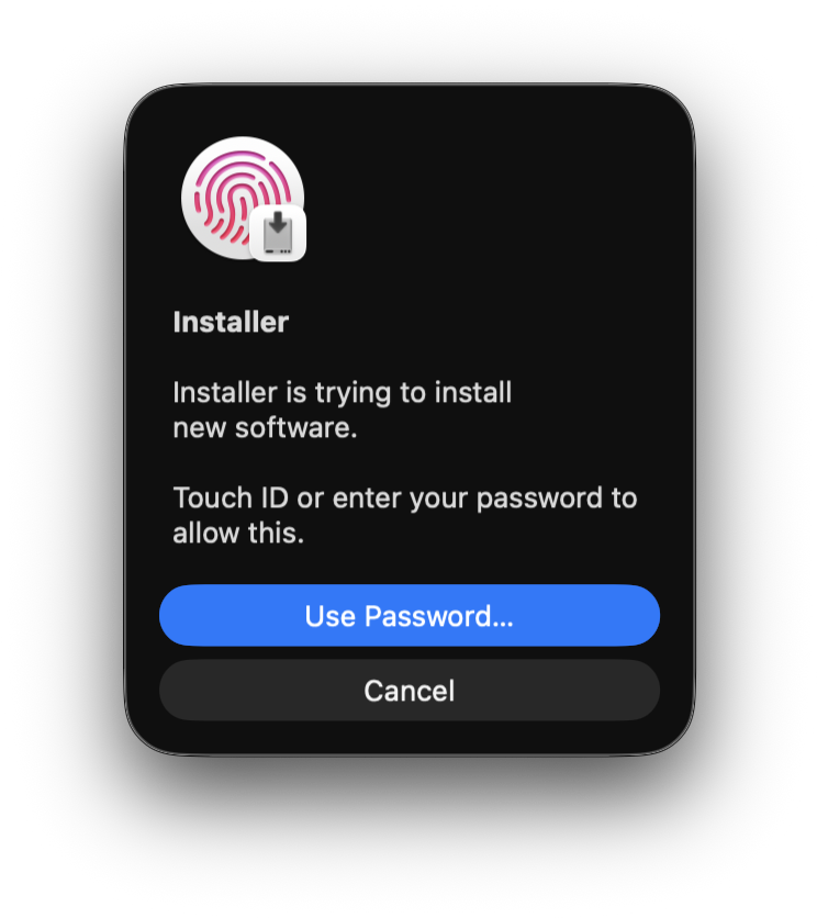 macOS Installer password prompt for installing new software.