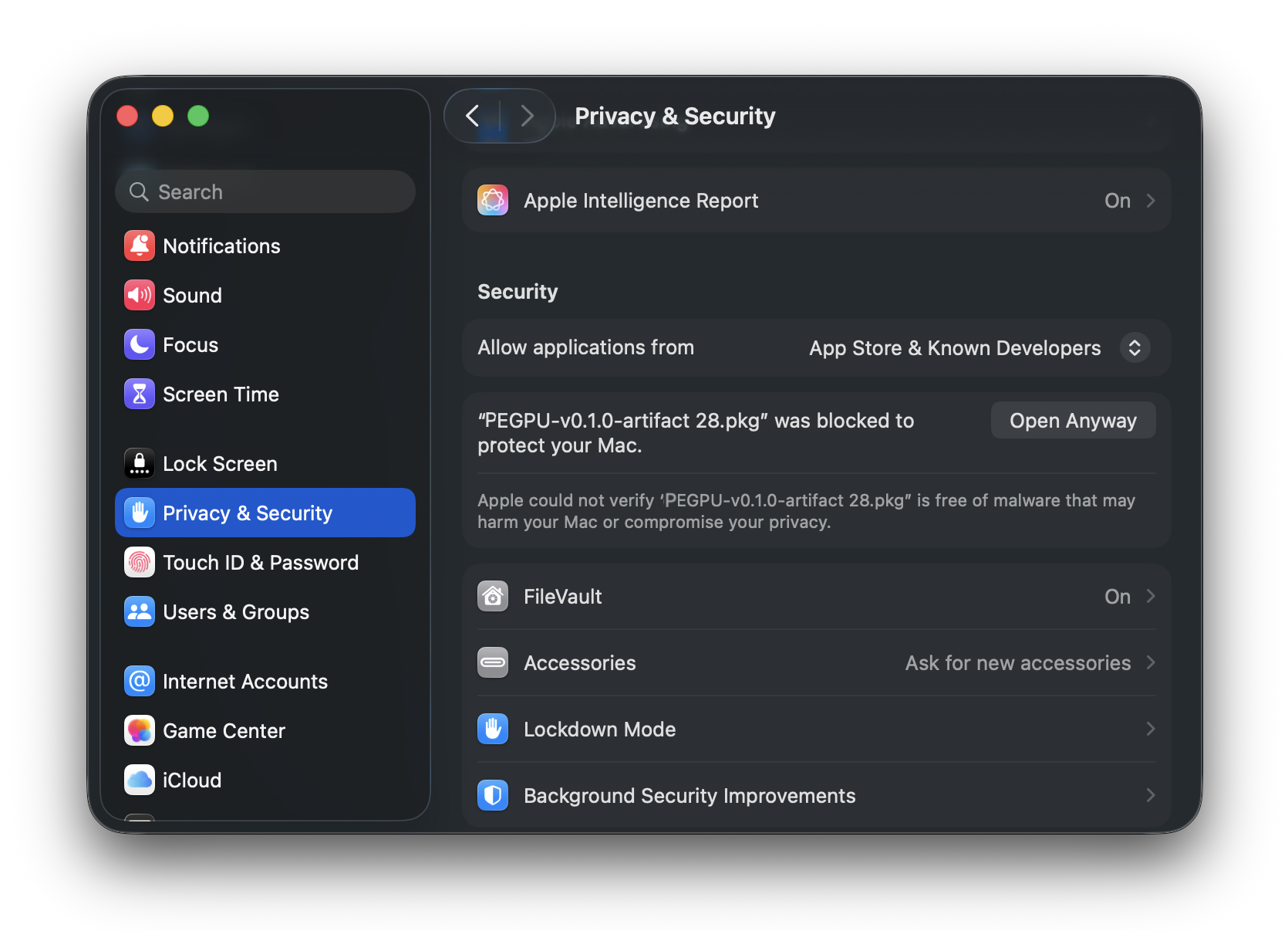 Privacy and Security settings showing Open Anyway for the blocked PEGPU package.