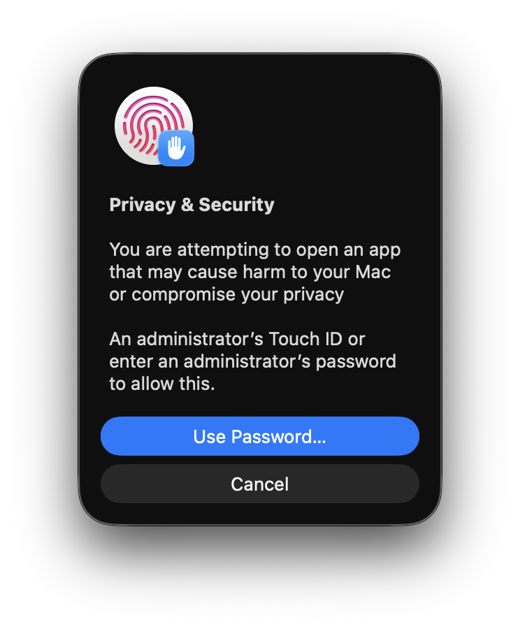 Privacy and Security password prompt to allow opening the PEGPU package.