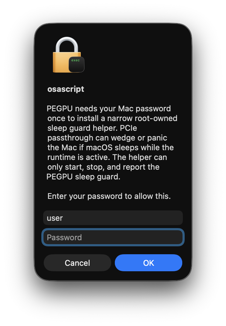 Password prompt for installing the PEGPU sleep guard helper.