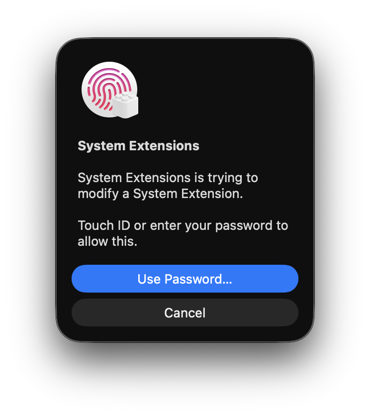 System Extensions password prompt to allow modifying a system extension.