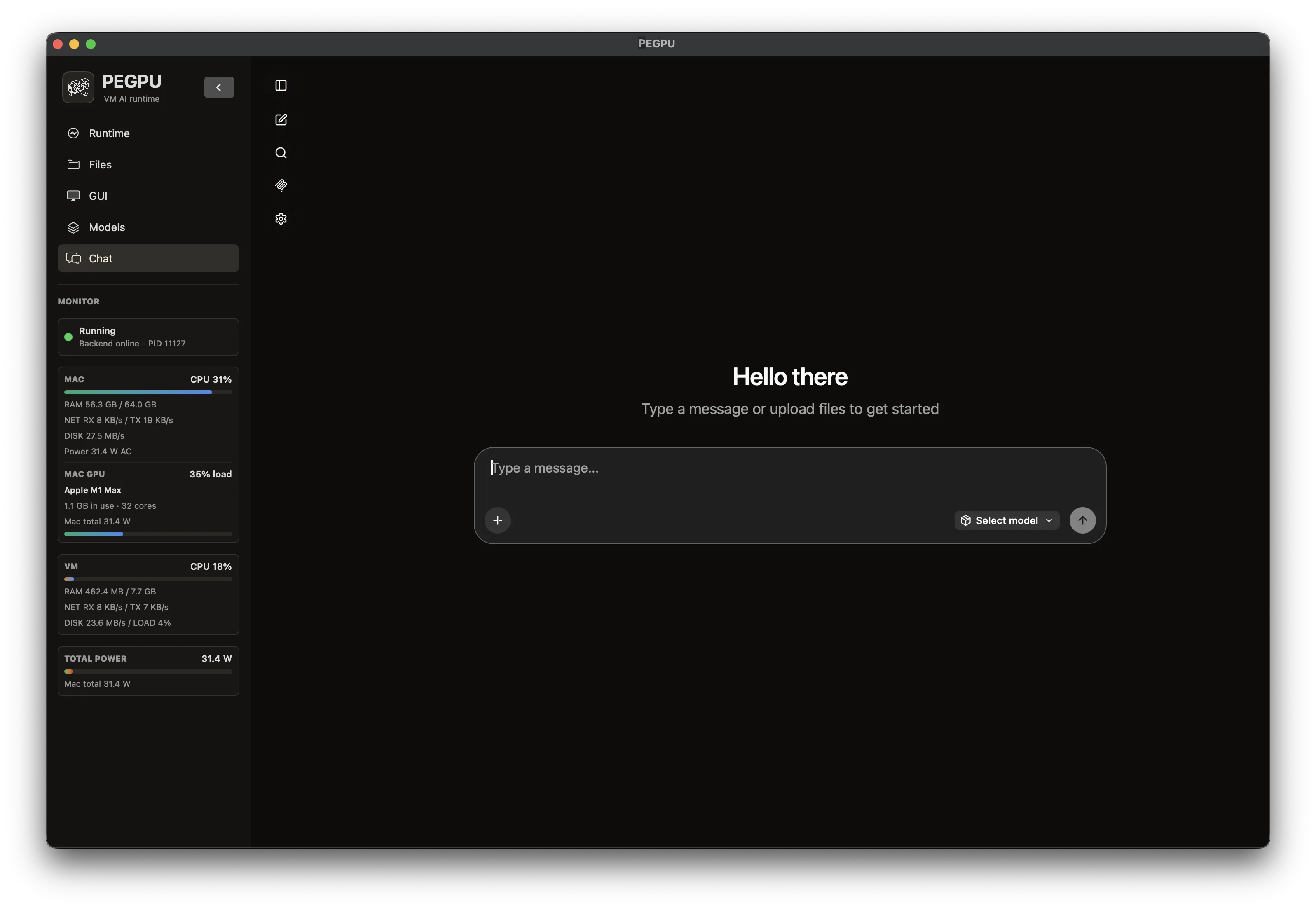 PEGPU Chat view for local AI runtime interaction.