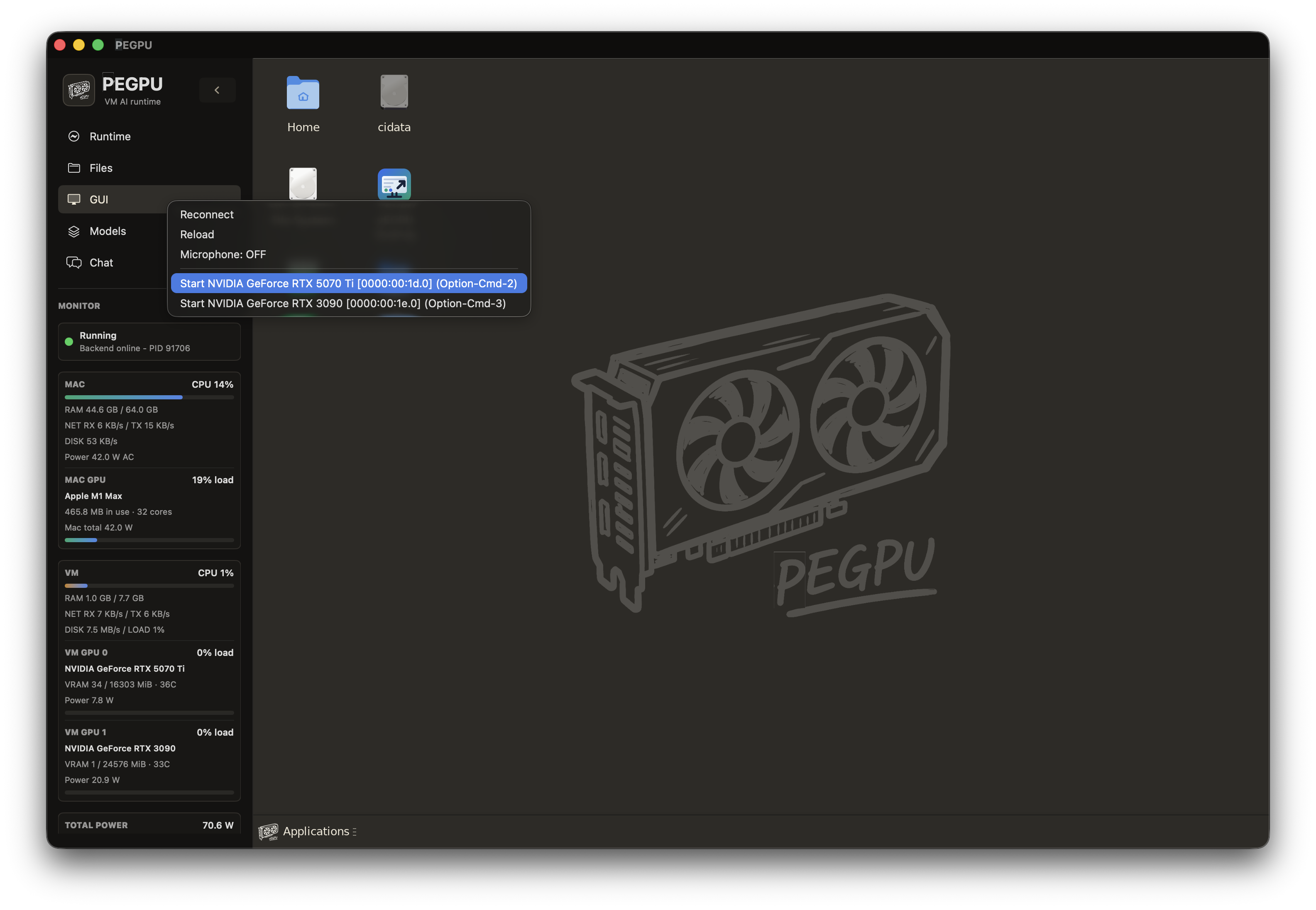 PEGPU GUI tab context menu showing external display session shortcuts for NVIDIA eGPUs.