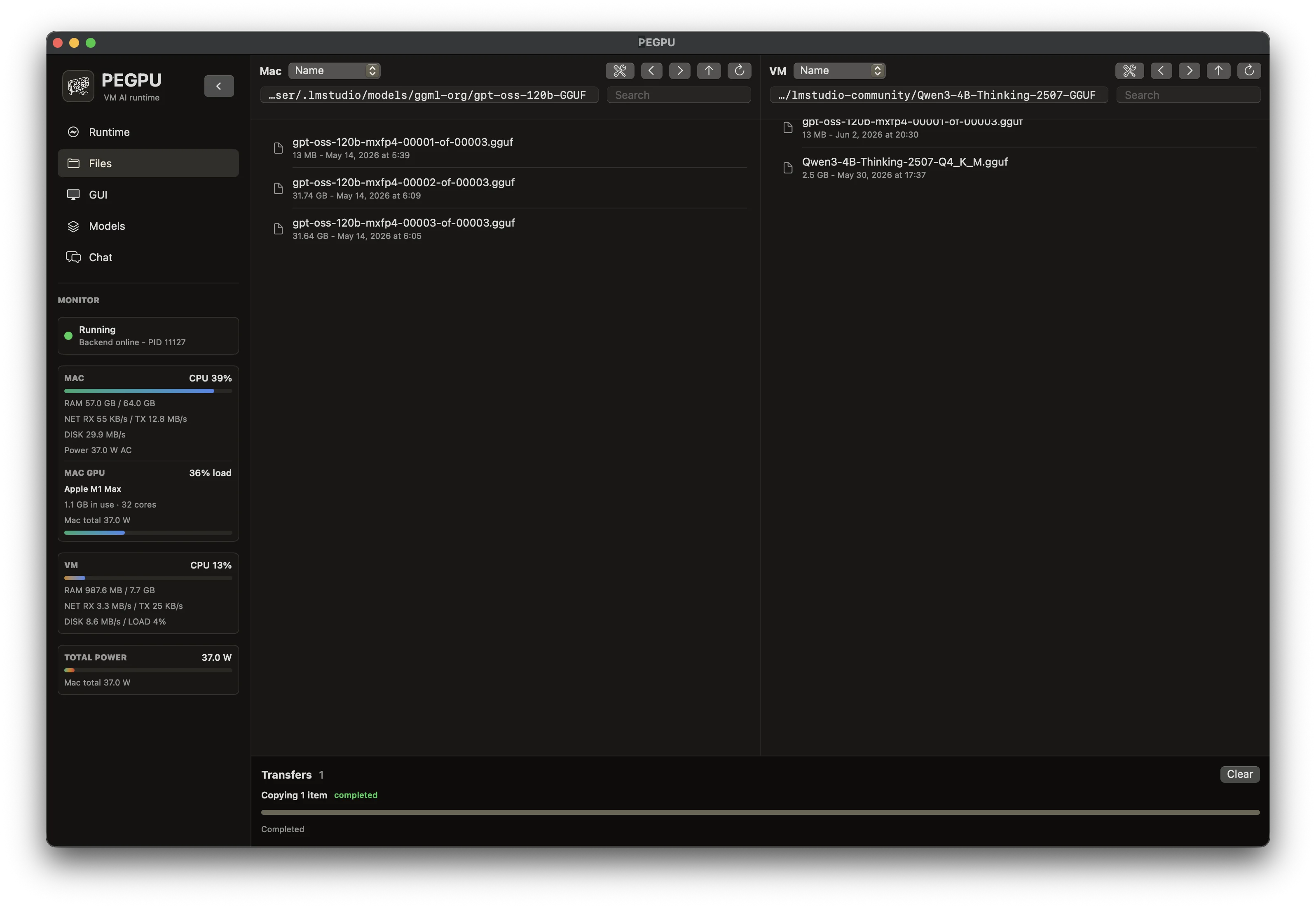 PEGPU Files view for browsing shared Mac and Linux files.