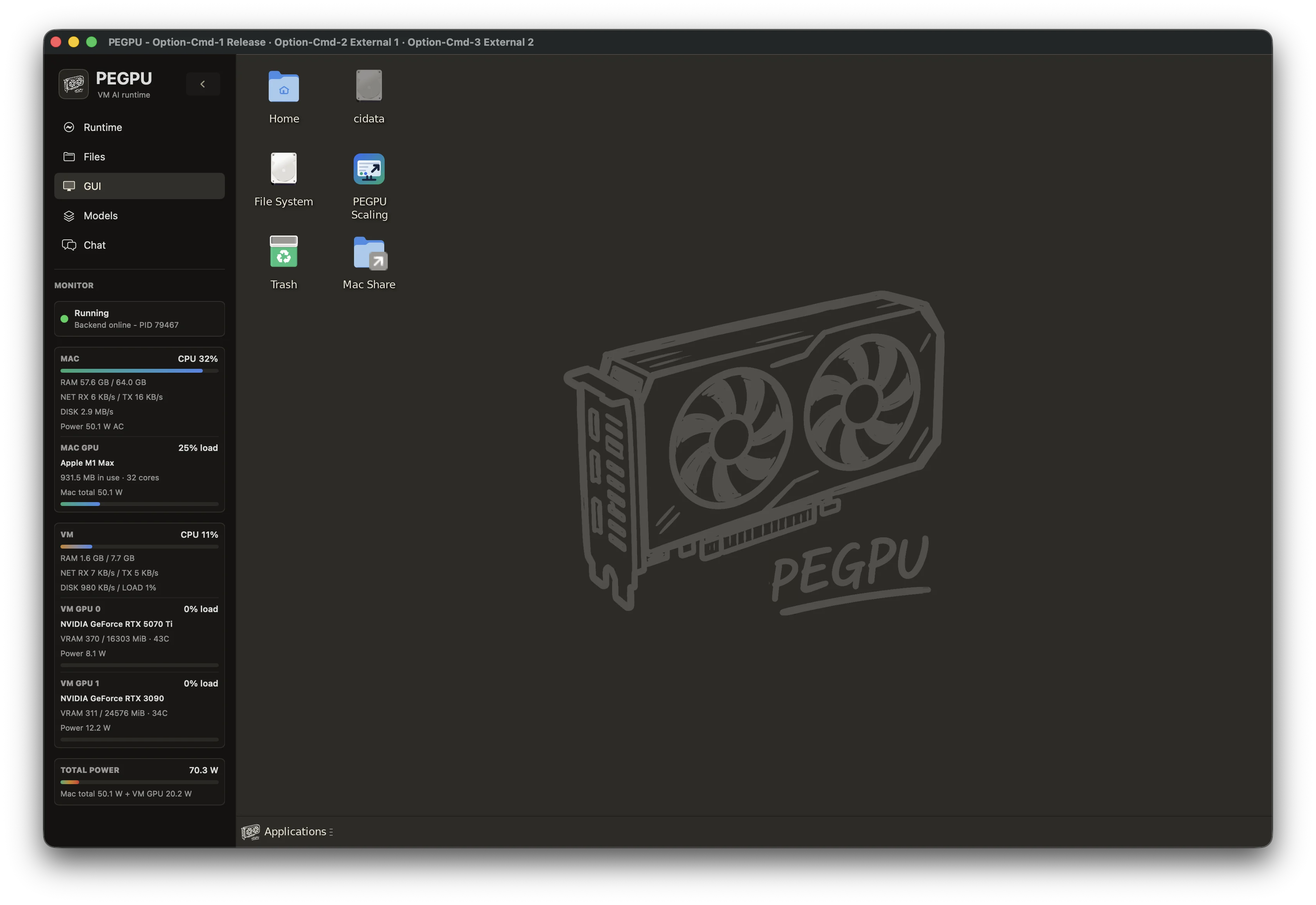 PEGPU GUI display view with Linux desktop, host metrics, VM metrics, and NVIDIA GPU status.