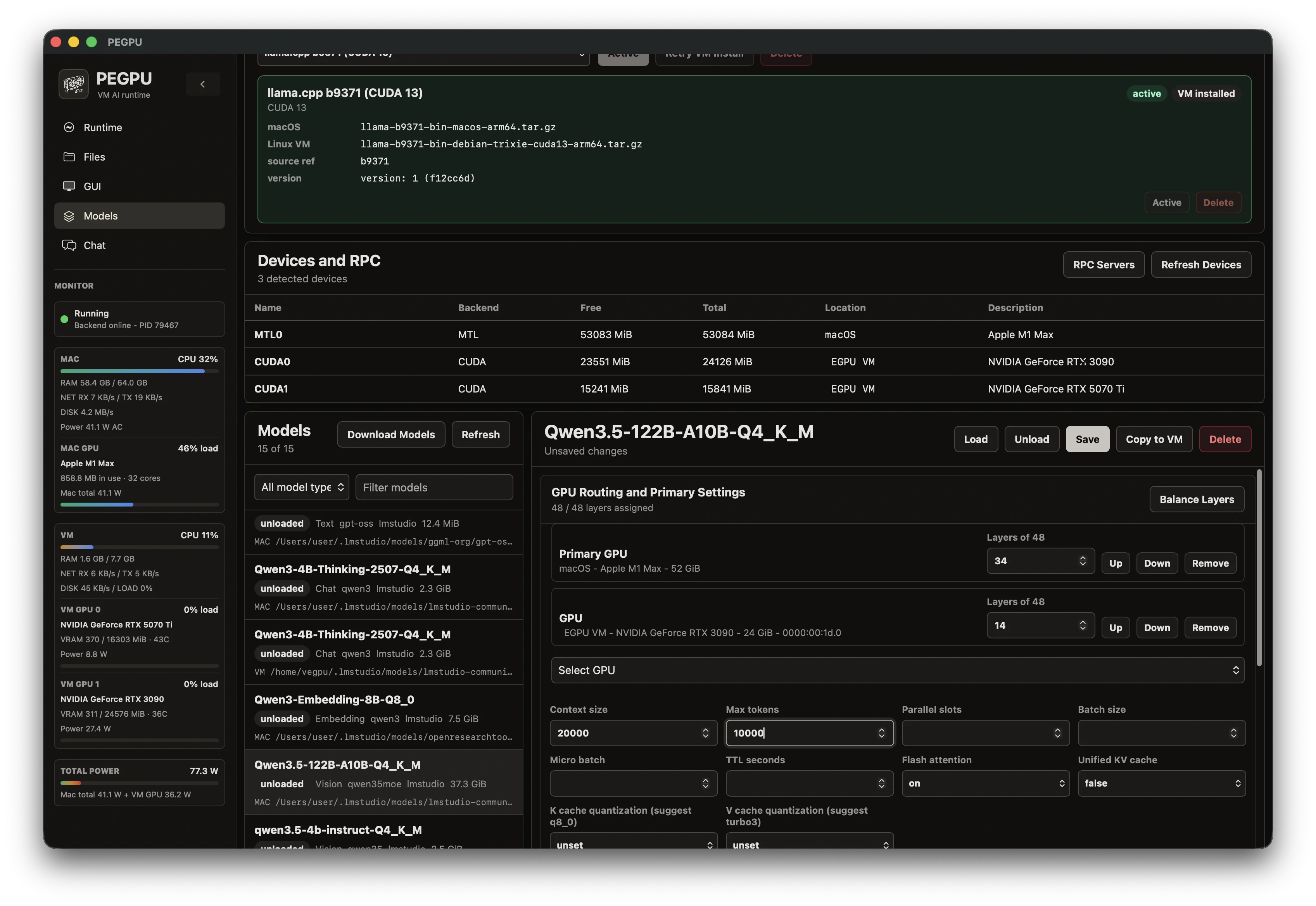 PEGPU Models view for local model and runtime management.