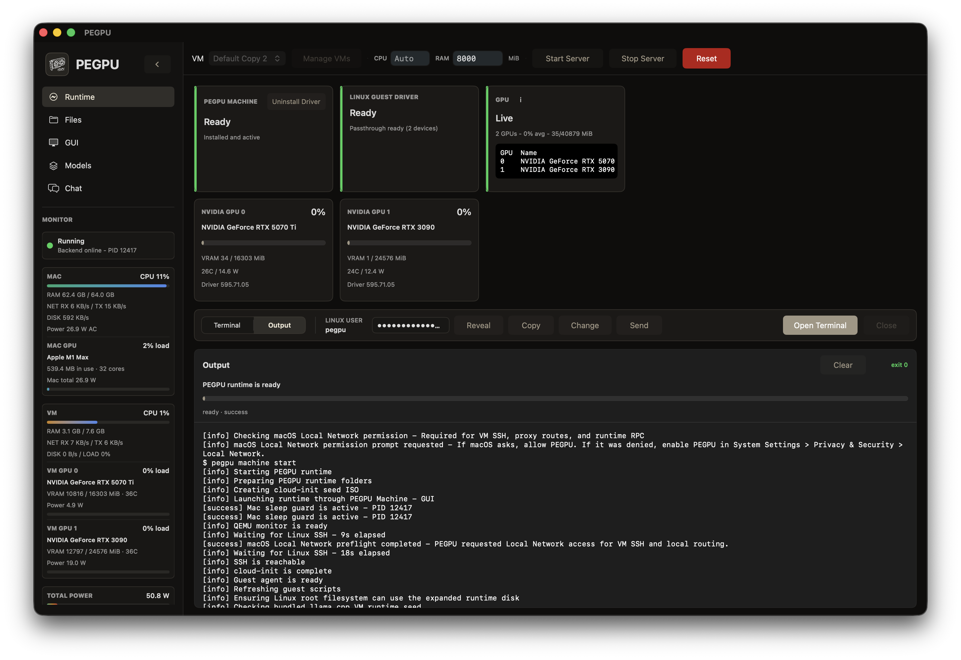 PEGPU Runtime view showing server controls and runtime status.